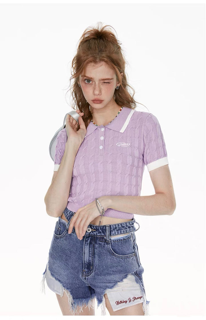 GUUKAHERO purple short POLO shirt women's sweet hot wind waist twist twist short sleeve sweater slimming