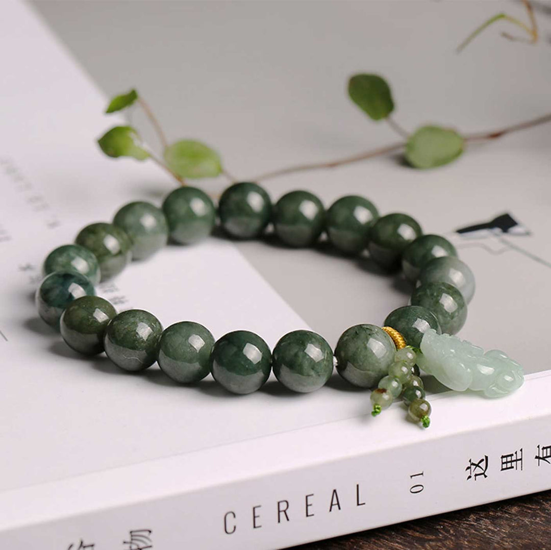 Green Jade Bracelet with Pixiu - Invite Wealth & Calming Energies