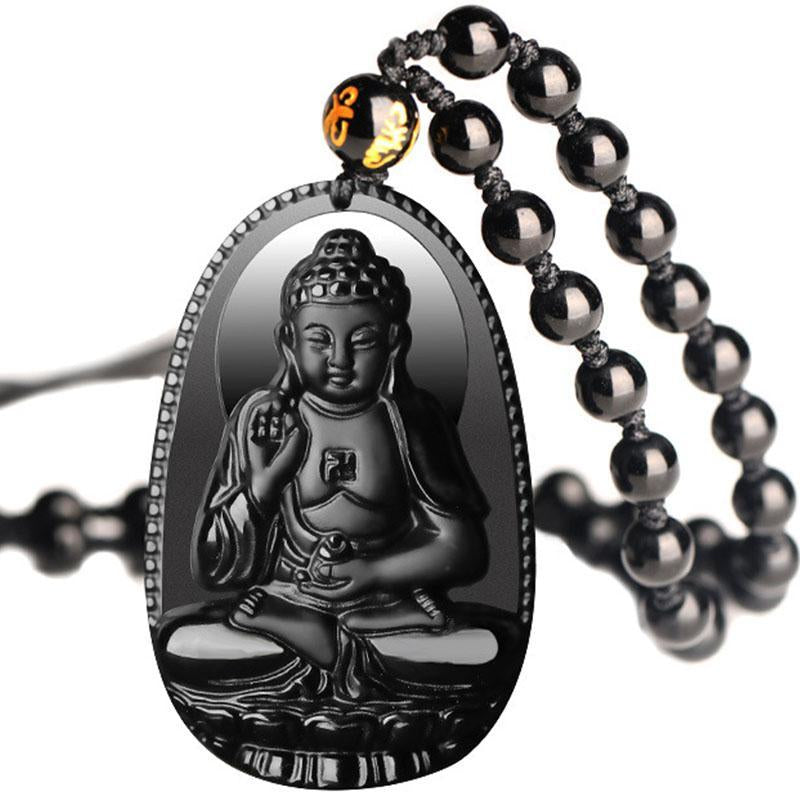 Black Obsidian Buddha Necklace Pendant - Protection & Courage