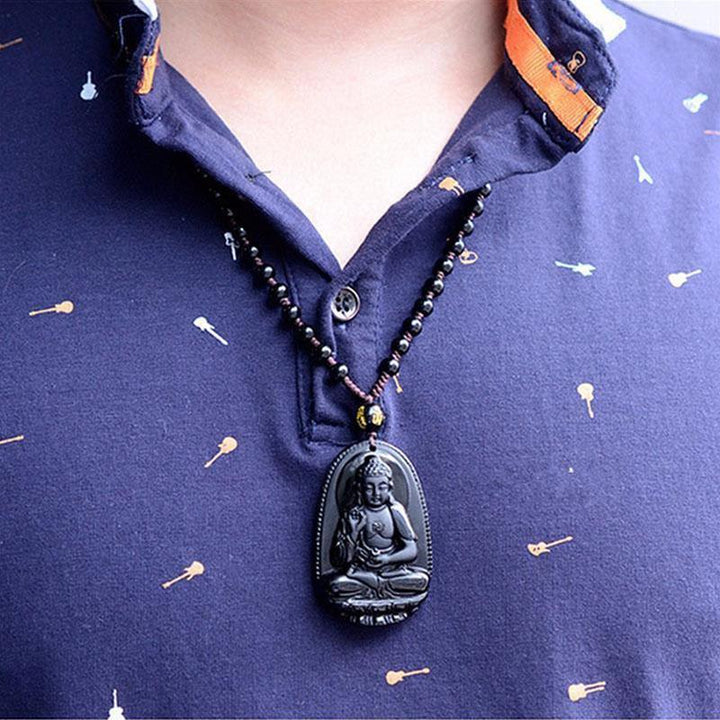 Black Obsidian Buddha Necklace Pendant - Protection & Courage