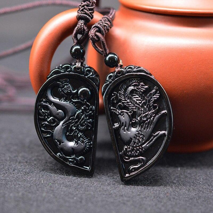 Half Heart Necklace for Couples - Obsidian Dragon and Phoenix Pendant Set