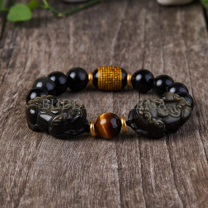 Natural Gold Obsidian Double Pixiu Bracelet