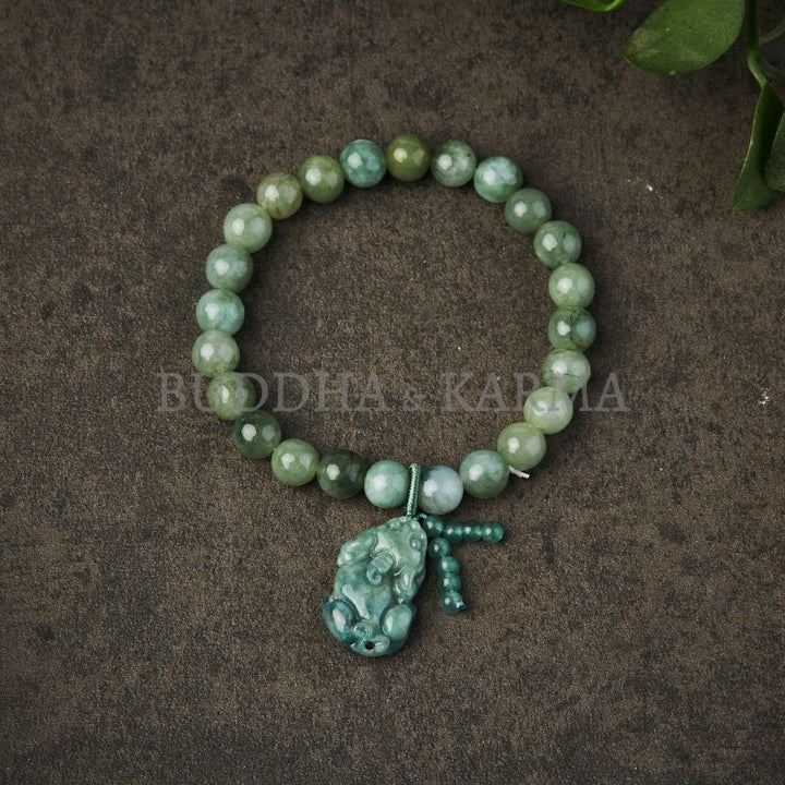 Green Jade Bracelet with Pixiu - Invite Wealth & Calming Energies