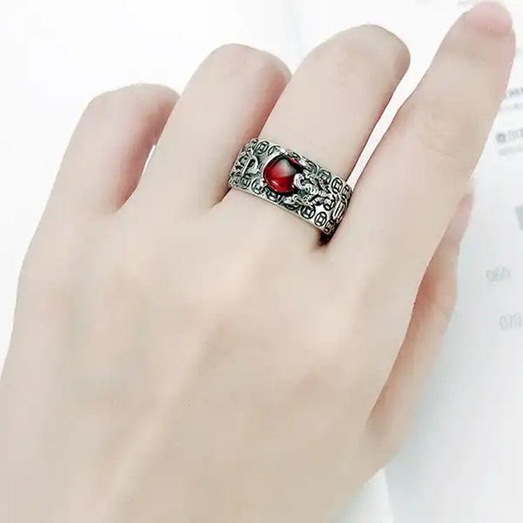 Natural Garnet Pixiu Ring - Feng Shui Wealth Ring