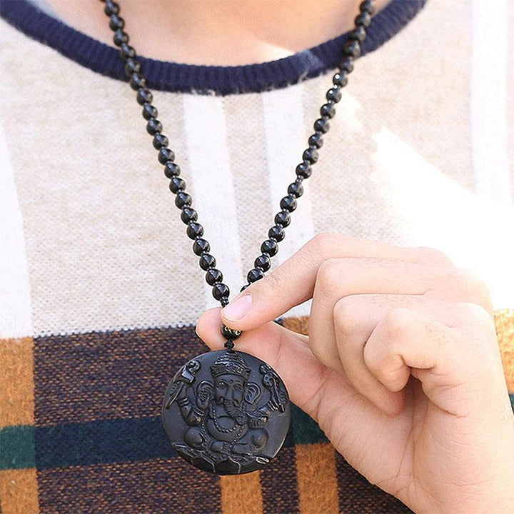 Obsidian Lord Ganesha Pendant - Necklace for Success