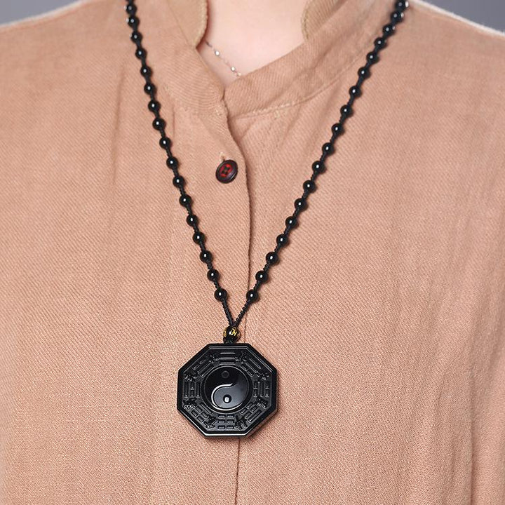 Obsidian Yin and Yang Necklace - Bagua Pendant